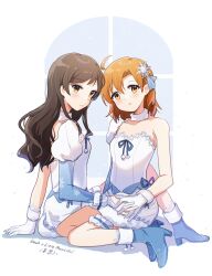 Rule 34 | 2girls, absurdres, ahoge, blue boots, blush, boots, breasts, brown eyes, brown hair, choker, closed mouth, detached sleeves, dress, frilled thigh strap, full body, fur choker, gloves, hair ornament, hand on ground, high heel boots, high heels, highres, holding hands, idolmaster, idolmaster million live!, kitazawa shiho, long hair, looking at viewer, multiple girls, nnnn, orange hair, parted lips, print sleeves, short hair, simple background, single detached sleeve, single glove, sitting, snowflake hair ornament, snowflake liliput (idolmaster), snowflake print, strapless, strapless dress, thigh strap, white background, white choker, white dress, white gloves, yabuki kana, yuri