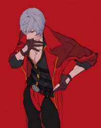 1boy absurdres arm_up bare_pectorals belt belt_buckle black_belt black_vest blue_eyes buckle chest_belt coat collarbone cowboy_shot dante_(devil_may_cry) devil_may_cry devil_may_cry_(series) devil_may_cry_4 glove_cutout gloves grey_hair hand_on_own_face hand_on_own_hip highres lapels male_focus mauli0889 open_clothes open_coat pants partially_fingerless_gloves pectorals red_background red_coat short_hair simple_background solo standing vest