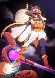 1boy 1girl alternate_color alternate_costume artist_name bare_shoulders belt black_belt black_cape black_gloves black_panties boots breasts broom broom_riding broom_surfing brown_footwear brown_hair cameltoe candy cape cleavage detached_sleeves dress fangs food from_below full_moon gloves halloween_bucket hat jack-o&#039;-lantern kono_subarashii_sekai_ni_shukufuku_wo! logo magic medium_breasts medium_hair megumin moon neocoill night night_sky open_mouth orange_dress outdoors panties pumpkin purple_headwear red_eyes single_thighhigh sky staff standing thighhighs thumbs_up underwear watermark web_address white_cape witch_hat