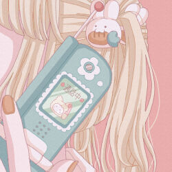 1girl blonde_hair cellphone commentary_request faceless faceless_female faux_retro_artstyle fingernails hair_ornament highres holding holding_phone long_hair nekomaru0817 orange_nails original phone pink_background profile rabbit_hair_ornament shirt simple_background solo twintails