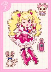 1girl blonde_hair boots border bow bow_skirt cellphone chiffon_(fresh_precure!) choker clover clover_brooch cross-laced_clothes cross-laced_skirt cure_peach deformed dot_nose dotted_line earrings eyelashes four-leaf_clover fresh_precure! frilled_shirt frilled_skirt frilled_sleeves frills full_body grey_background grid_background hair_ornament heart heart_earrings heart_hair_ornament high-waist_skirt high_heel_boots high_heels highres jewelry knee_boots kneehighs leaning_forward long_hair looking_at_viewer magical_girl miniskirt momozono_love one_eye_closed open_mouth outline phone pink_boots pink_border pink_bow pink_choker pink_eyes pink_skirt pointing pointing_up precure puffy_short_sleeves puffy_sleeves purple_socks ribbon-trimmed_shirt ribbon_trim shirt short_sleeves signature skirt smile socks square_neckline standing tareme tart_(fresh_precure!) twintails uwded_207 waist_bag white_bag white_outline white_shirt wrist_bow wristband
