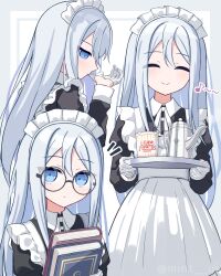 Rule 34 | 1girl, alternate costume, apron, bespectacled, black dress, blonde hair, blue eyes, book, classical maid (project sekai), commentary request, cowboy shot, cup ramen, dress, enmaided, frilled apron, frills, glasses, gloves, grey background, grey hair, highres, holding, holding book, holding tray, kashimi (mint ui), long hair, looking at viewer, maid, maid headdress, multiple views, musical note, project sekai, smile, spoken musical note, teapot, tray, upper body, white background, white gloves, yoisaki kanade