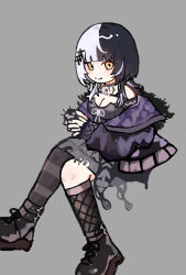 Rule 34 | 1girl, absurdres, black boots, black choker, black coat, black dress, black hair, black thighhighs, boots, breasts, choker, cleavage, closed mouth, coat, dress, fur-trimmed coat, fur trim, grey background, highres, hololive, hololive english, invisible chair, long hair, looking at viewer, mapumapu, medium breasts, multicolored hair, ribbon, shiori novella, shiori novella (1st costume), single thighhigh, sitting, smile, solo, split-color hair, striped clothes, striped thighhighs, thighhighs, two-tone hair, virtual youtuber, white hair, white ribbon, yellow eyes, yorick (shiori novella)