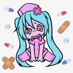 1girl @_@ aqua_hair bandaid boots capsule chibi chromatic_aberration commentary cryptidhermit dizzy dress drooling english_commentary hat hatsune_miku long_hair mouth_drool nurse nurse_cap pill pink_boots pink_dress pink_hat sitting solo twintails very_long_hair vocaloid white_background