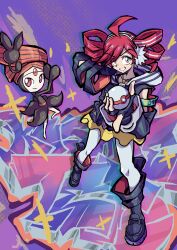 1girl absurdres ahoge black_boots black_gloves black_jacket boots creatures_(company) drill_hair eyes_visible_through_hair fingerless_gloves forehead_jewel full_body game_freak gen_5_pokemon gloves grey_eyes grin hair_over_one_eye hashtag-only_commentary highres holding holding_poke_ball jacket kasane_teto kneehighs legendary_pokemon long_sleeves luxury_ball meloetta meloetta_(pirouette) mythical_pokemon nintendo pantyhose poke_ball pokemon project_voltage red_eyes red_hair rival_teto_(project_voltage) shaft_(shaf_it) skirt smile socks standing twin_drills utau vocaloid white_pantyhose yellow_skirt