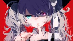 25-ji_miku 25-ji_nightcord_de._(project_sekai) blue_eyes fuyuzuki_gato hatsune_miku identity_(vocaloid) pink_eyes project_sekai red_background twintails vocaloid white_hair