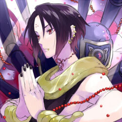 Rule 34 | 1boy, ashura (butsu zone), beads, black hair, black nails, bracelet, butsu zone, commentary request, ear piercing, earrings, expressionless, jewelry, lip piercing, lip ring, male focus, nakahara (mu tation), neck tattoo, own hands together, piercing, portrait, profile, red eyes, solo, tattoo