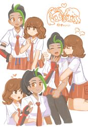 &gt;_&lt; 2girls arm_around_waist arm_hug black_hair blush_stickers brown_eyes brown_hair closed_eyes fingerless_gloves freckles gloves green_streaks han0579 heart highres hug hug_from_behind long_hair medium_hair multiple_girls multiple_views naranja_academy_school_uniform necktie nemona_(pokemon) nintendo oc_x_canon open_mouth orange_eyes pantyhose pokemon pokemon_sv school_uniform simple_background skirt smile white_background yuri