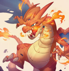 breath_weapon breathing_fire charizard claws dragon fire flame-tipped_tail gen_1_pokemon green_eyes highres horns mega_charizard_y mega_pokemon nicola_saviori nintendo no_humans open_mouth pokemon pokemon_(creature) pokemon_focus scales sharp_teeth solo tail teeth tongue wings