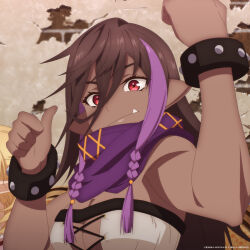1girl absurdres bare_shoulders bracelet brown_hair close-up dark-skinned_female dark_skin fang female_orc highres isshun_de_chiryou_shiteita_noni_yakutatazu_to_tsuihou_sareta_tensai_chiyushi_yami_healer_toshite_tanoshiku_ikiru jewelry loewe(yami_healer) looking_at_viewer makaria muscular muscular_female official_art orc purple_scrunchie red_eyes scarf scrunchie strapless tube_top
