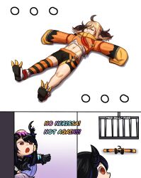 5girls absurdres ahoge belt black_gloves black_horns black_shorts black_thighhighs blonde_hair brown_hair cage closed_eyes closed_mouth commentary cropped_hoodie english_commentary english_text fuwawa_abyssgard gigi_murin gigi_murin_(1st_costume) gloves highres hololive hololive_english hood hoodie horns koseki_bijou lying mococo_abyssgard multicolored_hair multiple_girls navel nerissa_ravencroft nerissa_ravencroft_(1st_costume) on_back open_mouth orange_belt orange_hoodie orange_thighhighs p0tart0 red_eyes shorts simple_background single_thighhigh sleeves_past_fingers sleeves_past_wrists striped_clothes striped_thighhighs thighhighs two-tone_hair two-tone_thighhighs virtual_youtuber white_background