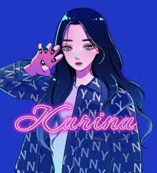 1girl aespa blue_background commentary_request cowboy_shot expressionless eyeshadow green_eyes highres jacket k-pop karina_(aespa) long_hair makeup mascara real_life sail_ofhope simple_background solo upper_body