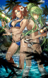 2girls ass butt_crack code_geass green_hair kouzuki_kallen long_hair multiple_girls pixiv smile straight_hair tagme water_gun