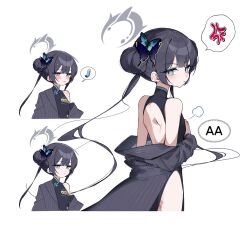 1girl :t anger_vein ass_peek back back_cutout backless_dress backless_outfit bare_shoulders black_dress black_hair blue_archive blue_butterfly blush breast_conscious breasts bug bun_with_braided_base butterfly butterfly_hair_ornament center-flap_bangs china_dress chinese_clothes closed_mouth clothing_cutout coat commentary dandandanholo double-parted_bangs double_bun dragon_print dress expressionless frown glaring grey_coat grey_halo greyscale hair_bun hair_ornament halo hand_on_own_chest inhaler insect kisaki_(blue_archive) long_sleeves monochrome multiple_expressions multiple_views off_shoulder parted_lips pinstripe_coat pinstripe_pattern pout puff_of_air side_slit simple_background single_bare_shoulder single_off_shoulder sleeveless sleeveless_dress slit_pupils small_breasts spoken_anger_vein spoken_object sweat turtleneck turtleneck_dress white_background