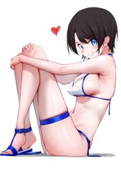 1girl :d absurdres alternate_costume bare_arms bikini black_hair blue_eyes blush breasts commentary_request feet from_side full_body grin halterneck hands_on_own_knees highres hololive knees_up looking_at_viewer medium_breasts mikaku navel oozora_subaru open_mouth sandals short_hair side-tie_bikini_bottom sideboob simple_background sitting smile solo string_bikini swept_bangs swimsuit thigh_strap virtual_youtuber white_background white_bikini