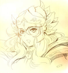 1boy adapted_costume armor eyelashes fins gold_cloth gold_saint head_fins helmet long_hair looking_at_viewer male_focus mizuhara_aki mole mole_under_eye monochrome open_mouth pauldrons pisces_aphrodite saint_seiya shoulder_armor solo trap