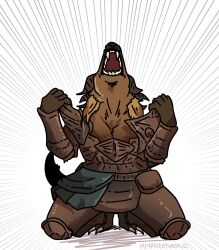 1boy alternate_form armor elden_ring elden_ring_nightreign emphasis_lines executor_(elden_ring) highres kneeling meme miyan_(oceanmaiden) removing_armor signature solo tearing_clothes teeth torn_clothes transformation werewolf white_background