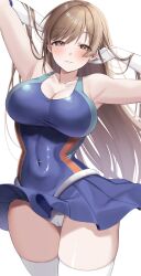 Rule 34 | 1girl, armpits, arms behind head, arms up, bare shoulders, blue one-piece swimsuit, blue skirt, blush, breasts, brown eyes, brown hair, cleavage, clothes lift, collarbone, commentary, commission, competition swimsuit, covered navel, cowboy shot, elbow gloves, gloves, highres, idolmaster, idolmaster cinderella girls, large breasts, long hair, looking at viewer, nitta minami, one-piece swimsuit, pleated skirt, simple background, skindentation, skirt, skirt lift, smile, solo, swimsuit, tarou (komekueyo), thighhighs, thighs, white background, white gloves, white thighhighs
