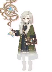 1girl belt blush book boots brown_belt brown_boots brown_eyes brown_gloves child closed_mouth coat drop_shadow expressionless fingerless_gloves full_body glasses gloves green_coat grey_hair grimoire long_hair looking_at_viewer official_art parted_bangs pointy_ears princess_connect! round_eyewear simple_background solo sono_(princess_connect!) standing transparent_background