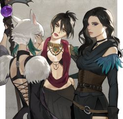 3girls animal_ears animification back_cutout bead_necklace beads belt bikini bikini_top_only bikini_under_clothes black_bikini black_choker black_dress black_gloves black_hair black_scarf black_skirt brown_collar brown_corset cat_ears choker clothing_cutout collar commentary corset cowboy_shot crossover dragon_age dragon_age:_origins dress facial_mark feather_hair_ornament feathers final_fantasy final_fantasy_xiv fur-trimmed_dress fur_trim gloves grey_background hair_between_eyes hair_ornament hand_on_own_hip head_tilt highres holding holding_staff jewelry long_hair looking_at_viewer midriff miqo&#039;te mole mole_above_mouth mole_under_mouth morrigan_(dragon_age) multiple_girls neck_tattoo necklace parted_lips pleasebemine00 ponytail purple_eyes red_lips scarf short_hair short_ponytail shoulder_cutout side_slit skirt staff standing swimsuit tattoo the_witcher_(series) trait_connection wavy_hair white_eyes white_hair y&#039;shtola_rhul yellow_eyes yennefer_of_vengerberg
