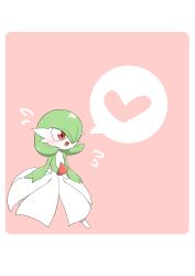 1girl blush bob_cut border chibi colored_skin female_focus flat_chest flying_sweatdrops full_body gardevoir gen_3_pokemon green_hair green_skin hair_over_one_eye happy heart kazamidoririnn multicolored_skin nintendo one_eye_covered open_mouth pink_background pokemon pokemon_(creature) red_eyes running short_hair simple_background smile solo speech_bubble spoken_heart standing standing_on_one_leg two-tone_skin white_border white_skin