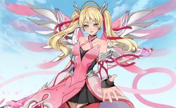 1girl absurdres alternate_hairstyle arm_ribbon armor bare_shoulders black_skirt blonde_hair blue_eyes blue_sky blush breasts cleavage cloud collarbone cowboy_shot criss-cross_halter day dress elbow_gloves faulds female_focus fingerless_gloves foreshortening gloves hair_ribbon halo halterneck highres holding holding_staff jirafuru light_particles light_smile lips looking_at_viewer mechanical_halo mechanical_wings medium_breasts mercy_(overwatch) miniskirt nose official_alternate_costume outdoors outstretched_hand overwatch overwatch_1 parted_lips pelvic_curtain pink_dress pink_lips pink_mercy pink_ribbon pink_thighhighs pink_wings pleated_skirt ribbon skirt sky sleeveless sleeveless_dress solo staff thighhighs twintails wings