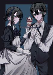 1boy 1girl ado_(utaite) black_dress black_hair black_pants black_ribbon black_vest blue_eyes blue_hair braid butler chando_(ado) commentary crown_braid dress dress_shirt dual_persona food genderswap gloves hair_between_eyes highres holding holding_tray juliet_sleeves long_sleeves looking_at_viewer maid mole mole_under_eye neck_ribbon oyashirazu_(adochan_daisuki) pants parfait puffy_sleeves ribbon shirt short_hair short_hair_with_long_locks skirt_hold tray utaite vest white_gloves white_shirt