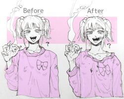 1girl before_and_after blood blush bra_strap bruise bruise_on_face chanel_(jimoto_saikou) chipped_tooth cigarette commentary_request cropped_torso dirty dirty_clothes ear_piercing english_text hair_bobbles hair_ornament half-closed_eyes hand_up holding holding_cigarette injury jimoto_saikou kirinsuke looking_at_viewer messy_hair multiple_views nosebleed off_shoulder open_mouth partially_colored piercing pink_sweater short_hair short_twintails smile smoke sweater tongue_piercing twintails upper_body