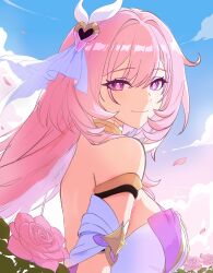1girl absurdres bare_shoulders blue_sky breasts cloud commentary corset diamond-shaped_pupils diamond_(shape) elysia_(herrscher_of_human:_ego)_(honkai_impact) elysia_(honkai_impact) flower hair_ornament highres honkai_(series) honkai_impact_3rd large_breasts long_hair looking_at_viewer outdoors pink_eyes pink_flower pink_hair pink_rose purple_eyes purple_hair rose sky smile solo symbol-shaped_pupils tezuni upper_body very_long_hair white_corset
