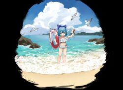 1girl :d argyle_bikini argyle_clothes bare_shoulders beach bikini bikini_skirt bird black_background blue_bikini blue_bow blue_eyes blue_hair blue_sky border bow cirno cloud day fading_border food full_body hair_bow holding holding_food holding_ice_cream holding_swim_ring ice ice_cream ice_wings innertube looking_at_viewer mountainous_horizon multicolored_bikini navel ocean open_mouth outdoors rock sand seagull short_hair sky smile solo standing swim_ring swimsuit touhou two-tone_bikini wading white_bikini wings zhong-yan_(2669)