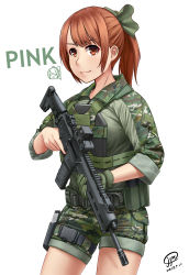 1girl adaptive_combat_rifle assault_rifle bow bulletproof_vest camouflage commentary cowboy_shot dated female_focus glock gloves gun hair_bow handgun highres holding holding_gun holding_weapon holster holstered jpc load_bearing_equipment looking_at_viewer magazine_(weapon) orange_eyes orange_hair original pistol ponytail rifle scar_l short_shorts shorts single_glove solo trigger_discipline weapon white_background