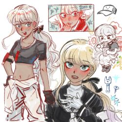 armband baseball_cap black_bow black_gloves black_shirt black_skirt blonde_hair blush bow crop_top dark-skinned_female dark_skin eating flower food gloves grey_eyes hand_up hands_on_own_hips happy hat highres kawana_tsubasa long_hair looking_at_viewer mole mole_under_mouth multiple_views navel noodles open_mouth panties ponytail ramen screw shirt simple_background skirt star_(symbol) teeth the_hundred_line_-last_defense_academy- tongue underwear upper_teeth_only white_background white_panties wrench
