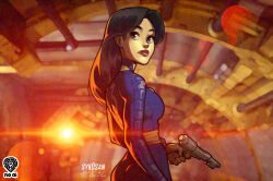 1girl artist_name ass blue_bodysuit bodysuit breasts brown_eyes brown_hair derivative_work fallout_(prime_video) fallout from_side frown gun highres holding holding_gun holding_weapon lens_flare long_hair looking_back looking_up lucy_maclean medium_breasts red_lips screenshot_redraw solo sykosan weapon