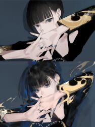 1girl aespa black_hair blunt_bangs chinese_commentary covered_mouth earrings highres jewelry k-pop long_sleeves mixed-language_commentary real_life ring shadow simple_background upper_body winter_(aespa) zhanzhan_lan