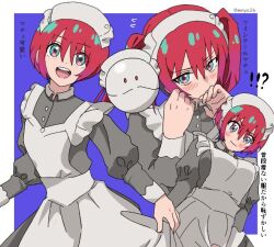 !? 1girl amate_yuzuriha apron aqua_eyes blush closed_mouth dress emya26 frilled_apron frills gundam gundam_gquuuuuux haro long_hair long_sleeves maid maid_apron maid_headdress open_mouth red_hair shirt short_hair smile twintails waist_apron white_apron