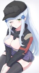 Rule 34 | 1girl, baseball cap, black hat, black thighhighs, breasts, cleavage, closed mouth, commentary request, cross hair ornament, girls&#039; frontline, girls&#039; frontline 2: exilium, green eyes, hair ornament, hat, highres, hk416 (girls&#039; frontline), klukai (girls&#039; frontline 2), light smile, long hair, looking at viewer, one eye closed, own hands together, ponytail, sidelocks, simple background, sitting, solo, tattoo, teardrop facial mark, teardrop tattoo, thighhighs, uchikata takeaki, white background