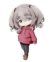 Rule 34 | 1girl, black pants, boots, brown boots, closed mouth, commentary request, drawstring, eyes visible through hair, full body, grey eyes, grey hair, hair over one eye, highres, hood, hood down, hoodie, kuena, long sleeves, mizunami ema, pants, puffy long sleeves, puffy sleeves, red hoodie, short eyebrows, simple background, sleeves past wrists, solo, standing, thick eyebrows, twintails, white background, yurucamp