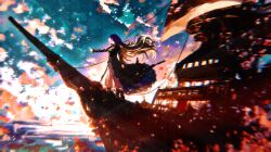 1girl black_dress blonde_hair blurry blurry_foreground boat breasts commentary cross-laced_clothes cross-laced_dress dress from_side full_body gradient_hair hijiri_byakuren long_hair long_sleeves multicolored_hair outdoors palanquin_ship purple_hair sky solo standing touhou watercraft wide_shot xiirus