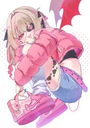 1girl absurdres belt demon_wings denim denim_shorts doom_yorusen eyepatch highres jacket nike_(company) pink_belt pink_jacket pointy_ears shoe_soles shoes shorts sneakers wings