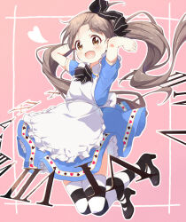 1girl :d alice&#039;s_adventures_in_wonderland alice_(alice_in_wonderland) alice_(alice_in_wonderland)_(cosplay) apron black_bow black_bowtie black_ribbon black_shoes black_thighhighs blue_dress blush bow bowtie brown_eyes brown_hair collared_dress commentary_request cosplay dress frilled_apron frills full_body hair_ribbon hakozaki_serika hands_up heart high_heels idolmaster idolmaster_million_live! long_hair open_mouth pink_background print_dress ribbon roman_numeral shoes short_sleeves smile solo striped_clothes striped_thighhighs thighhighs toma_(shinozaki) very_long_hair white_apron white_thighhighs