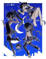 Rule 34 | 1girl, absurdres, animal ears, anklet, armpits, ass, black dress, black skirt, black thighhighs, blue eyes, blue tongue, bracelet, breasts, cat ears, cat girl, cat tail, chibi, closed mouth, color guide, colored tongue, dress, eyebrows hidden by hair, fish hair ornament, from behind, from side, full body, garter belt, hair between eyes, hair ornament, highres, jewelry, kneeling, long hair, looking at viewer, looking back, lying, multiple views, nail polish, on back, one eye closed, open mouth, original, shadow, skirt, slit pupils, small breasts, soles, standing, stirrup legwear, tail, tail ornament, tail ring, thighhighs, toeless legwear, toenail polish, toenails, toes, twintails, very long hair, zizi niisan