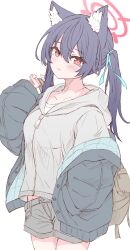 Rule 34 | 1girl, absurdres, alternate costume, animal ear fluff, animal ears, black hair, black jacket, blue archive, blue ribbon, blush, bright pupils, casual, cat ears, cat girl, closed mouth, cowboy shot, eyelashes, grey background, grey hoodie, grey shorts, hair between eyes, hair ribbon, halo, hand in pocket, hand up, highres, hood, hood down, hoodie, jacket, kazuki-p555, long hair, looking at viewer, open clothes, open jacket, pink halo, red eyes, ribbon, serika (blue archive), shorts, simple background, slit pupils, solo, twintails, white pupils, zipper