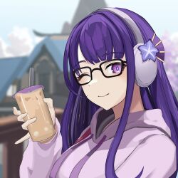 1girl absurdres architecture black-framed_eyewear blue_pupils blunt_bangs blurry blurry_background bubble_tea cherry_blossoms closed_mouth commentary_request contemporary cup east_asian_architecture fan_hair_ornament flower flower_ornament genshin_impact glasses happy head_tilt headphones highres holding holding_cup hood hood_down hoodie kitsunezaki light_blush light_smile long_hair long_sleeves looking_at_viewer looking_to_the_side mole mole_under_eye official_alternate_costume one_eye_closed outdoors purple_eyes purple_flower purple_hair purple_hoodie raiden_shogun raiden_shogun_(2nd_anniversary) solo upper_body