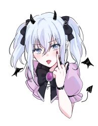1girl bang_dream! black_bow black_bowtie bow bowtie commentary drawn_horns drawn_tail drawn_wings grey_eyes hair_between_eyes hashtag-only_commentary highres jirai_kei kurata_mashiro looking_at_viewer medium_hair middle_finger nail_polish pink_shirt ppora purple_brooch red_nails shirt sidelocks simple_background solo tongue tongue_out two_side_up white_background white_hair