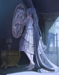1girl absurdres blue_eyes bodysuit breasts cinderella_(nikke) commentary different_reflection dress goddess_of_victory:_nikke highres indoors lamp large_breasts le_b2772 long_hair looking_at_mirror mirror navel no_shoes pantyhose red_eyes reflection shirt soles solo stomach very_long_hair white_bodysuit white_dress white_pantyhose white_shirt