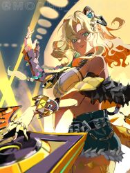 1girl absurdres animal_ear_fluff animal_ears artist_name bare_shoulders black_sleeves blonde_hair blue_eyes blue_shorts breasts cat_ears commentary cowboy_shot dj english_commentary from_side fur-trimmed_shorts fur_trim genshin_impact green_eyes hand_up highres jaguar_ears jaguar_girl jaguar_tail long_hair looking_at_viewer medium_breasts metal_wrist_cuffs mochi_upamo parted_lips red_lips short_shorts shorts single_sleeve smile solo tail xilonen_(genshin_impact) yellow_nails