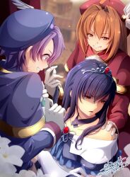 1boy 2girls antenna_hair bare_shoulders beret blue_eyes blue_hat brooch cropped_jacket crossdressing crossed_arms dated detached_collar double-parted_bangs dress eiyuu_densetsu elbow_gloves estelle_bright flower frown gloves grin hair_between_eyes hat hat_feather highres jewelry joshua_bright kloe_rinz long_hair multiple_girls parted_bangs partially_shaded_face red_eyes red_hat short_hair sidelocks signature smile sora_no_kiseki tiara tinybiard twitter_username white_gloves yellow_eyes