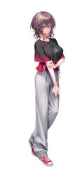1girl amakano_3 black_shirt breasts brown_hair closed_mouth expressionless grey_pants hair_between_eyes holding_own_arm large_breasts looking_at_viewer medium_hair multicolored_shirt official_art pants piromizu red_shirt shirt shoes sidelocks sneakers solo sweatpants transparent_background yanagi_shion yellow_eyes