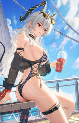 1girl absurdres alternate_costume animal_print ass bare_shoulders black_choker black_horns black_one-piece_swimsuit black_tail blue_sky breasts casual_one-piece_swimsuit chinese_commentary choker commentary_request cup curled_horns day disposable_cup drinking_straw earrings eyewear_on_head feet_out_of_frame from_side grey_hair hair_between_eyes highres holding holding_cup horns jewelry large_breasts leopard_print long_hair looking_at_viewer mole mole_under_eye one-piece_swimsuit outdoors parted_lips raidriar_18 red_eyes sideboob signature sky solo sunglasses swimsuit swimsuit_cover-up thigh_strap thighs very_long_hair wuthering_waves zani_(wuthering_waves)