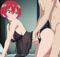 1boy 1girl absurdres all_fours amate_yuzuriha babydoll black_babydoll black_panties breasts closed_mouth clothed_female_nude_male commentary completely_nude doggystyle grabbing_another&#039;s_stomach green_eyes gundam gundam_gquuuuuux hair_between_eyes hetero highres indoors looking_back medium_breasts navel nude on_bed paid_reward_available panties pillow red_hair rikka_(rikkaarts) see-through_clothes sex sex_from_behind short_hair solo_focus stomach underwear vaginal